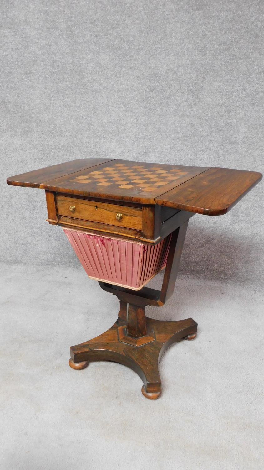 An early Victorian rosewood drop flap sewing table with pull out basket, frieze drawer and chequer - Image 2 of 6