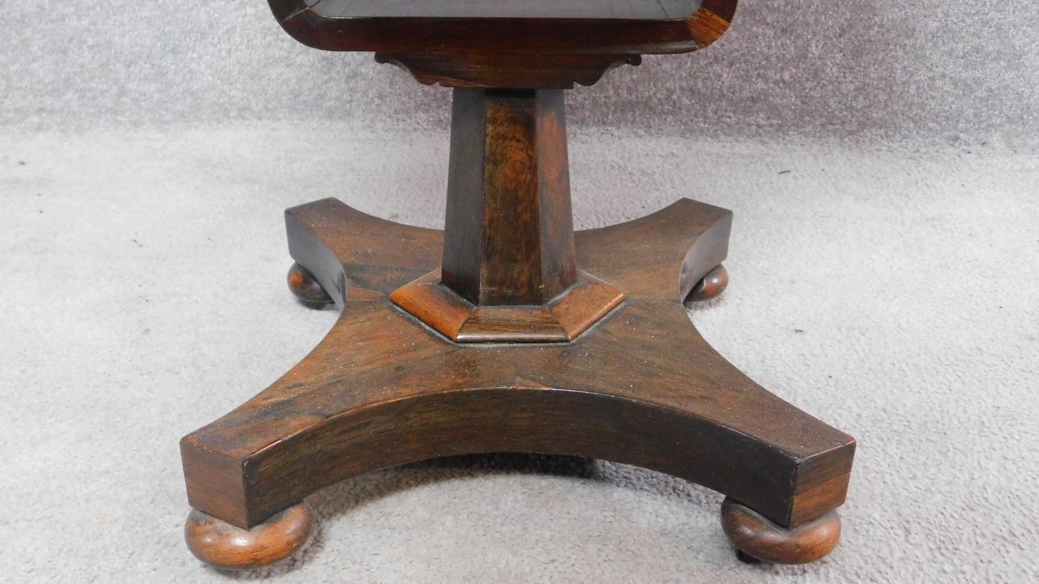 An early Victorian rosewood drop flap sewing table with pull out basket, frieze drawer and chequer - Image 6 of 6