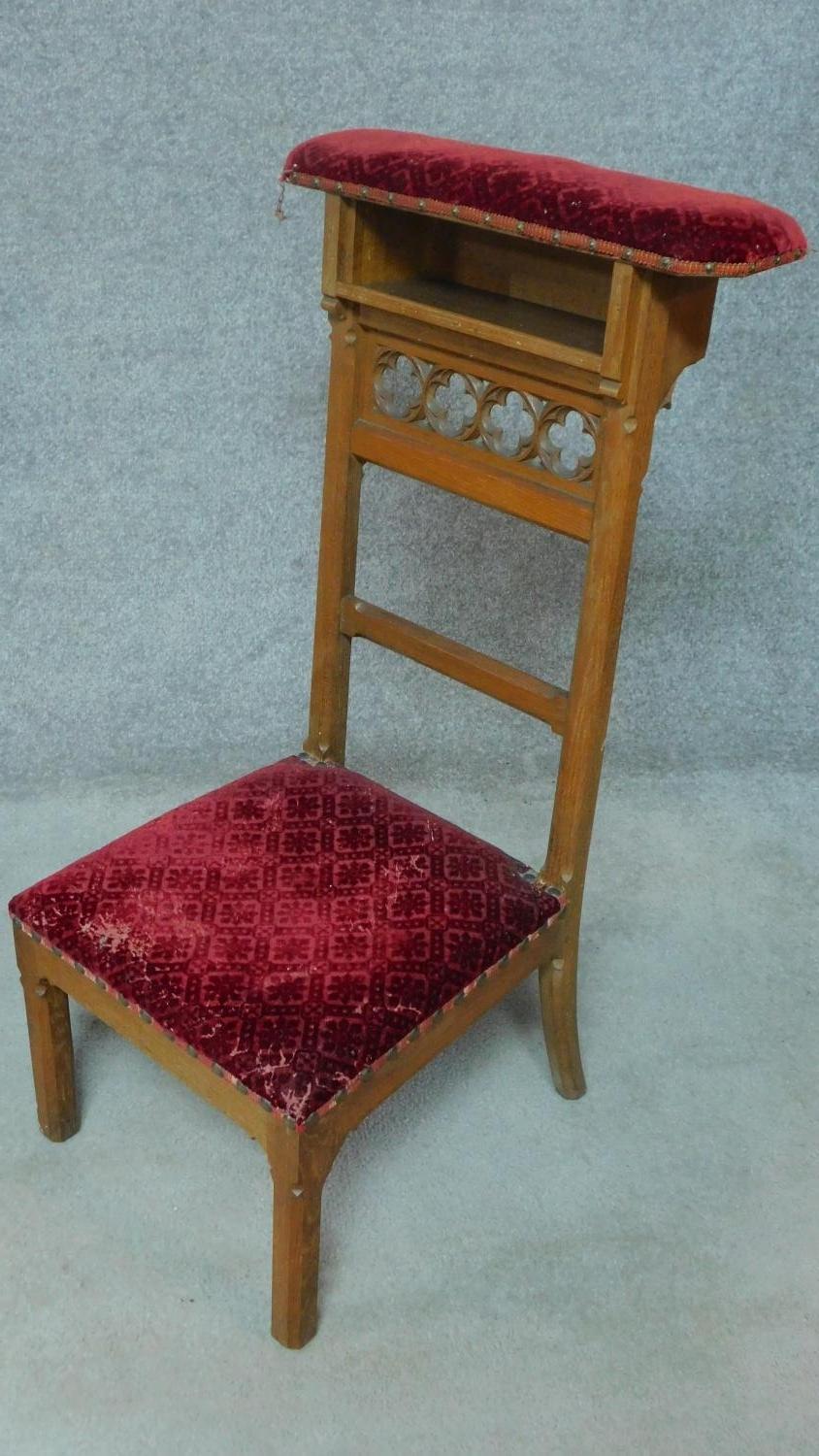 Three late 19th century Gothic style oak prie dieu chairs in burgundy velour upholstery. H.95cm - Image 4 of 5