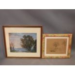 A framed and glazed oil on board, landscape and a framed and glazed ink sketch on paper of desert