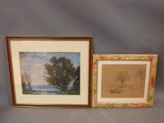 A framed and glazed oil on board, landscape and a framed and glazed ink sketch on paper of desert