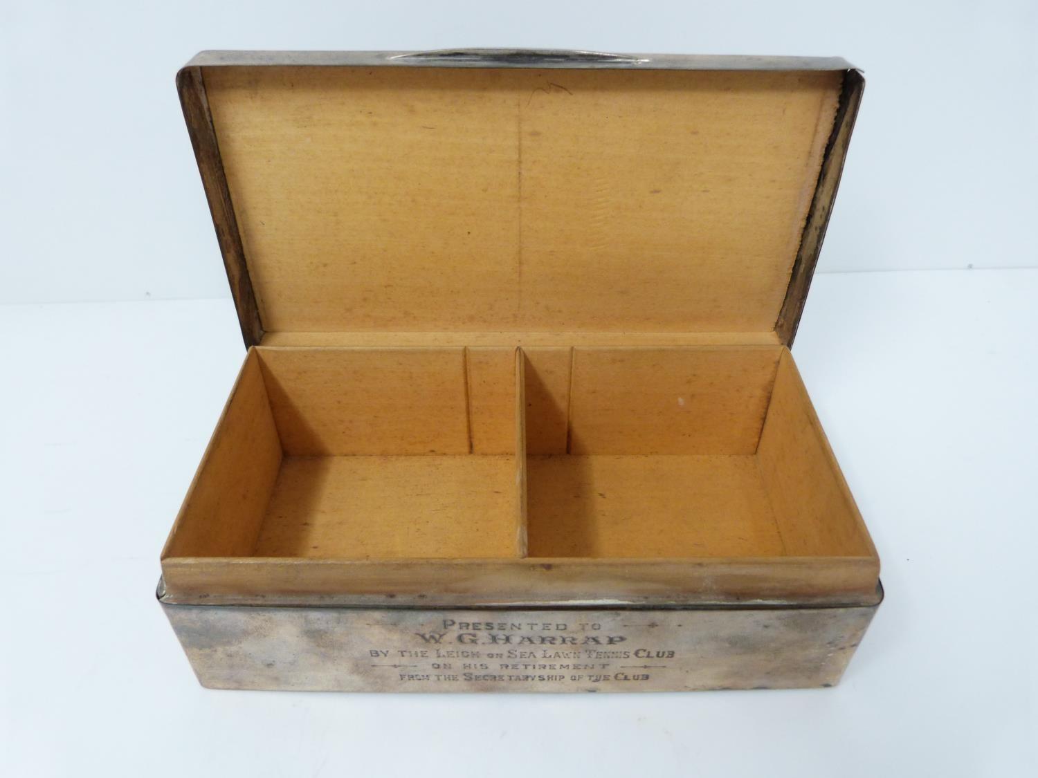 A silver cigarette box, cedar lined, London 1922, Alex Clark Ltd, inscribed with dedication. - Image 2 of 5