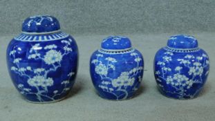 Three blue and white ginger jars with lids, with blossom decoration. H.17cm (tallest)