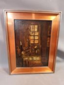 A framed oil on board, interior scene, grand dining hall, indistinctly signed. 57x55