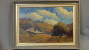 An oil on board, depicting a view of a farm, titled 'Melody of Poppies'. By Mark Geller, signed to