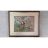 A framed and glazed oil on paper, in the manner of Fred Cuming (b.1930), bird on a branch, signed to