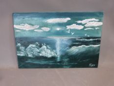 Two oils on canvas by Ferey Manteghi. One with a seascape and the other a floral study. Largest 76.