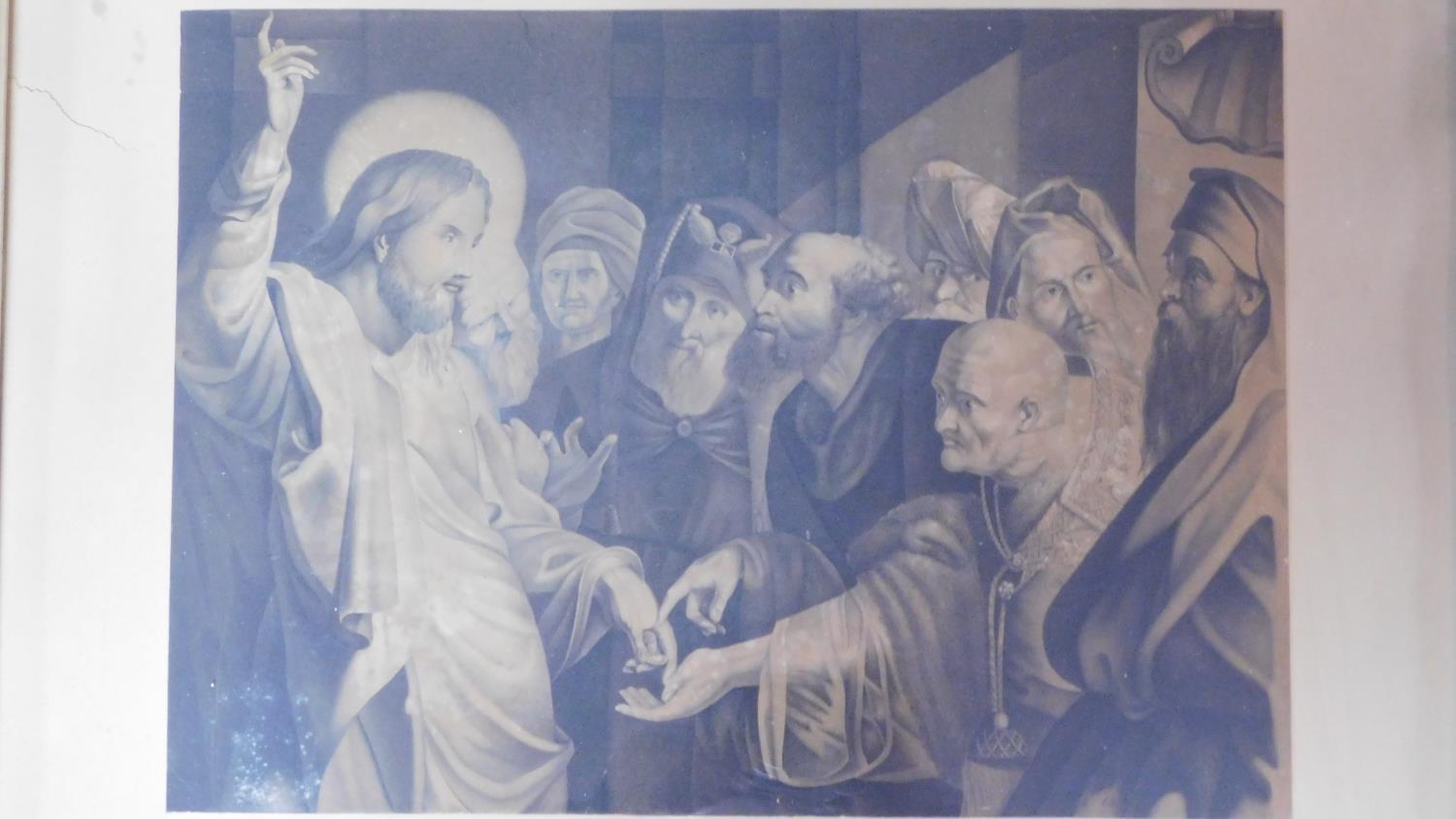 A framed antique lithograph of Jesus and his disciples. Label verso. 69x57cm - Image 2 of 5