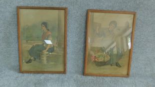 Two antique coloured lithographs of flower girls. 50x36cm