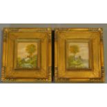 A pair of miniature gilt framed oils on board, landscapes. 17x15cm