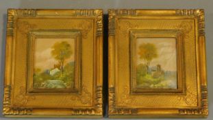 A pair of miniature gilt framed oils on board, landscapes. 17x15cm