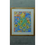 A framed and glazed watercolour by Tania Short depicting a still life of a jug of sunflowers,