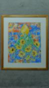 A framed and glazed watercolour by Tania Short depicting a still life of a jug of sunflowers,