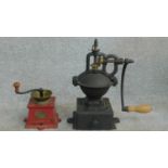 Two antique coffee grinders, one by E. PUGH & Co., Wednesbury, red heavy cast iron with makers