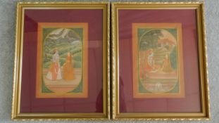 A pair of Indian Baramasa paintings from the Kangra School depicting Indian religious figures.