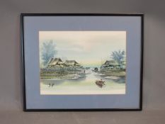 A framed and glazed Oriental watercolour on paper of an Asian village with boatman and palm trees.