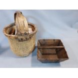 An antique Chinese basket and a wooden Chinese rice measure. Wooden measure has two wax custom seals