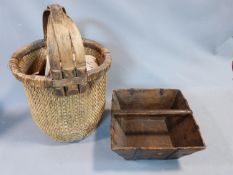 An antique Chinese basket and a wooden Chinese rice measure. Wooden measure has two wax custom seals