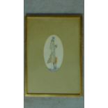 A framed Art Deco pencil study of a lady in a winter jacket with blue hat. Signed by artist. 53x38cm