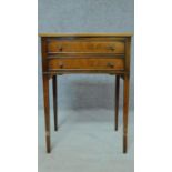 A Georgian style mahogany crossbanded and satinwood strung two drawer side table. H.79 W.53 D.39cm