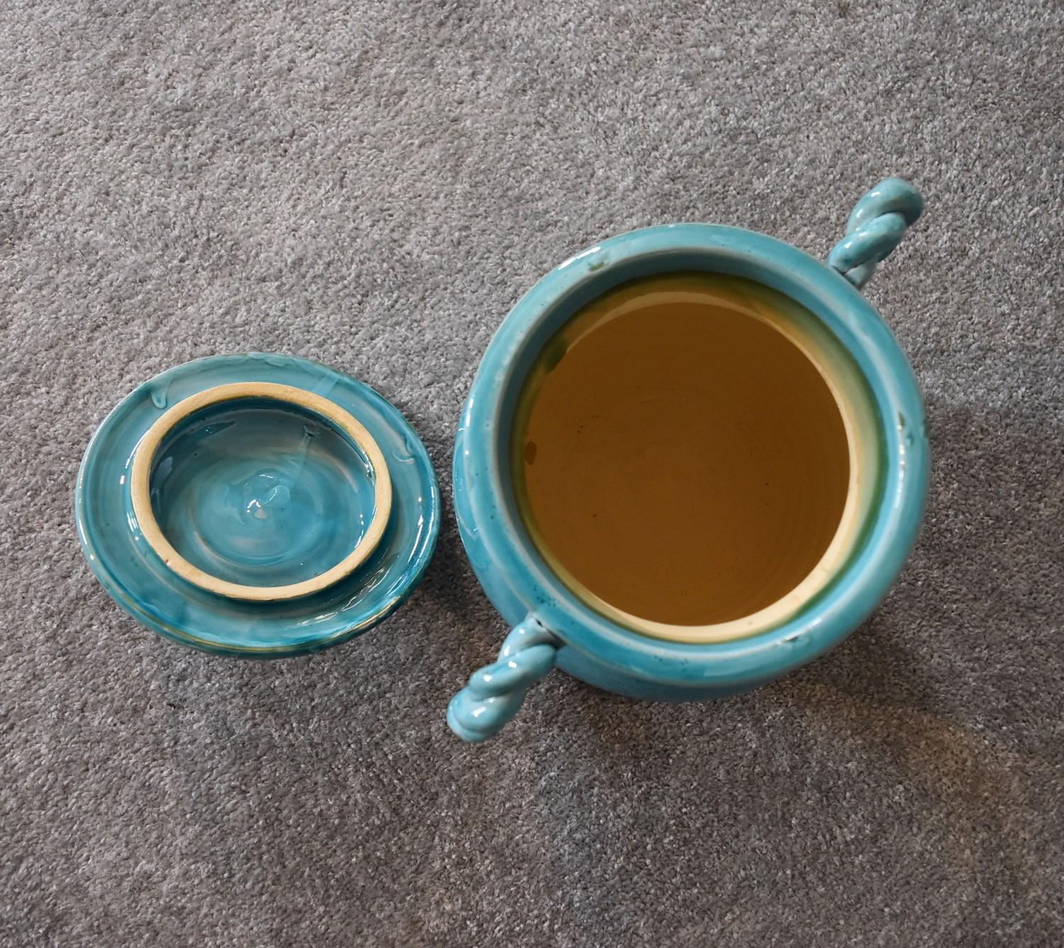 A Persian glazed ceramic blue pot with lid. H.20cm x W.18cm - Image 3 of 4