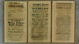 Three antique framed theatre posters from 1800's. Showing the line up for Theatre Royal, Covent