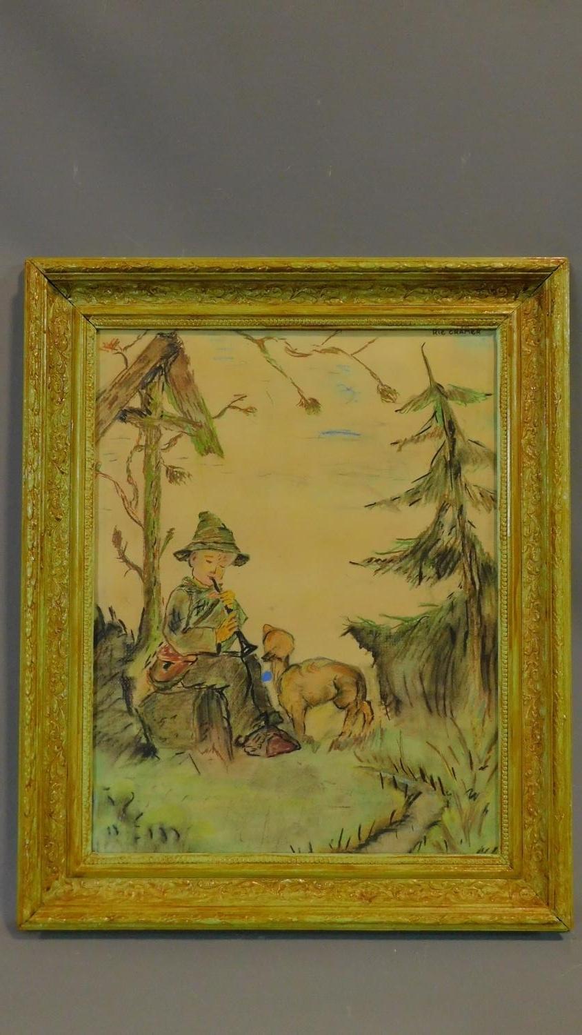 A pastel drawing, depicting a boy and a dog in a forest. By Rie Cramer (1887-1997). 64x52cm