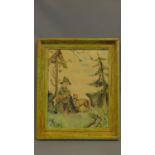 A pastel drawing, depicting a boy and a dog in a forest. By Rie Cramer (1887-1997). 64x52cm