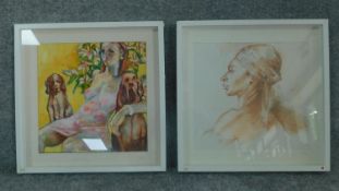 Two framed watercolours of a lady in a headscarf and a lady sitting in an armchair with a dog. H.