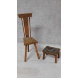 A carved teak spinning chair and a similar footstool. H.79cm (tallest)