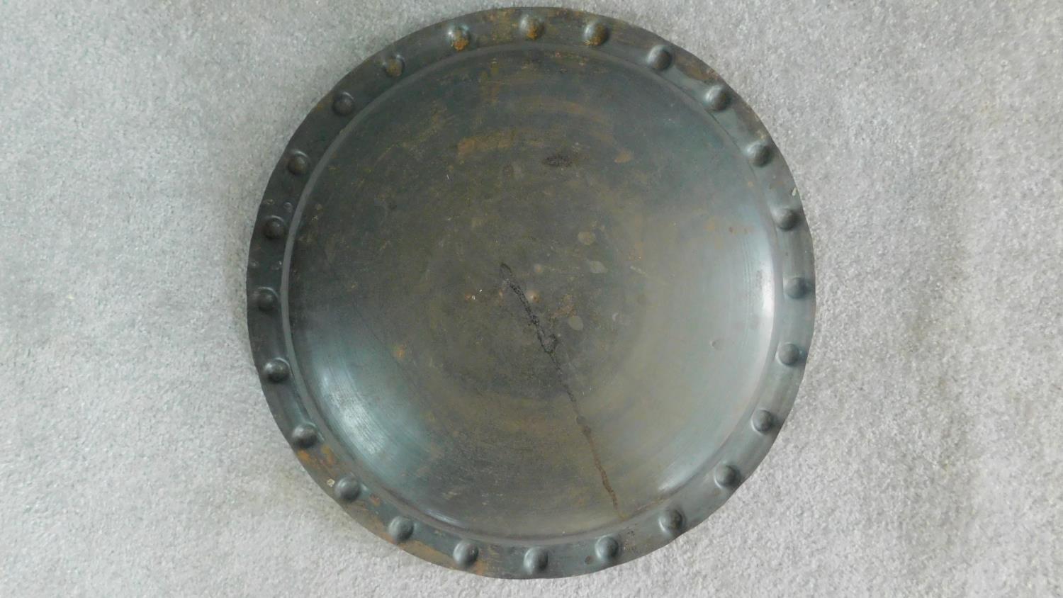 An antique studded two handled brass bowl. W.49cm - Image 2 of 3