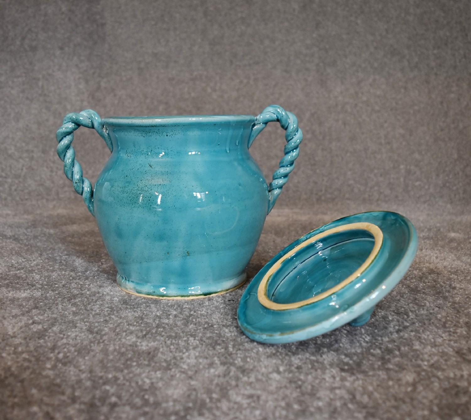 A Persian glazed ceramic blue pot with lid. H.20cm x W.18cm - Image 2 of 4