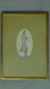 A framed Art Deco pencil study of a lady in a winter jacket with blue hat. Signed by artist. 53x38cm