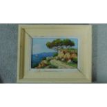 A framed oil on board depicting a hill by the ocean, indistinctly signed. 32x26cm