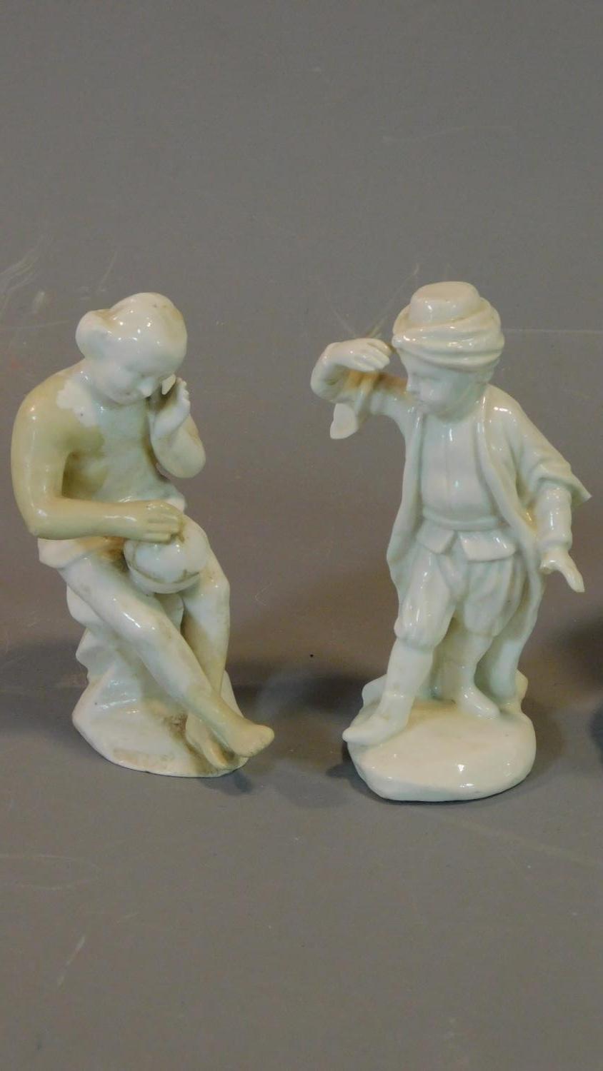 A collection of five early porcelain and earthenware figures, including a man with a bill, a - Image 3 of 8