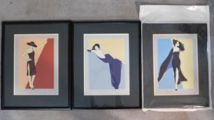 Three signed vintage fashion prints. Two framed. 62x50cm