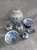 A collection of oriental ceramics. Including a ginger jar, two bowls on stands and three lidded pots