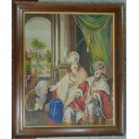 A framed antique embroidery depicting two regal gentleman in a palace with a subject paying his