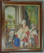 A framed antique embroidery depicting two regal gentleman in a palace with a subject paying his
