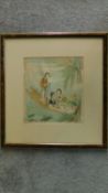 A Chinese framed and glazed painting on silk of three ladies on a canoe, unsigned. 45x38cm