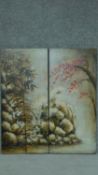 Two oil on boards depicting a Japanese Autumn, unsigned. 100x45cm