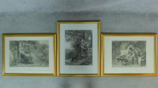Three framed and glazed prints titled 'The convalescent', 'A dream of the future' and 'A bird trap'.