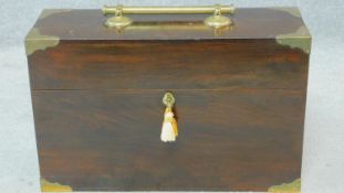 A Georgian style brass bound mahogany fitted decanter box. H.35 W.52 D.18cm