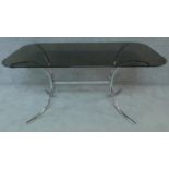 A mid 20th century chrome framed dining table with smoked grey plate glass top. H.74 W.153 D.83cm