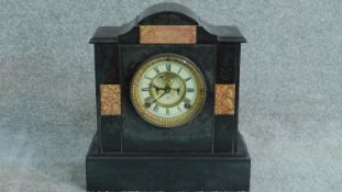 A late19th century black slate and marble inlaid mantel clock by Ansonia Clock Company, New York.