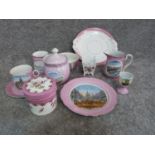 A collection of pink lustre transferware souvenir china, a Meissen vase and a hand painted powder