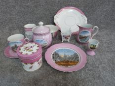 A collection of pink lustre transferware souvenir china, a Meissen vase and a hand painted powder