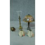 Three lamps of different styles together with two porcelain lampshades.