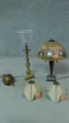 Three lamps of different styles together with two porcelain lampshades.