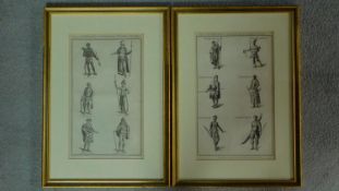 A pair of antique prints showing various costumes. 50x36cm